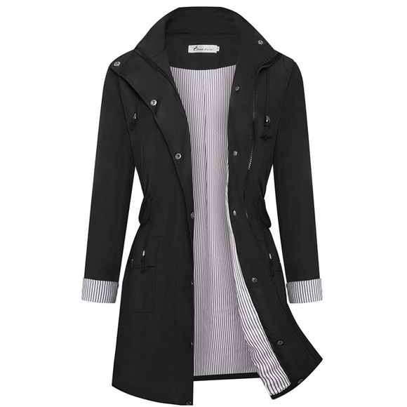 Rain Jacket Women Windbreaker Striped Waterproof Lightweight Hooded Trench Coat - Picture 3 of 5